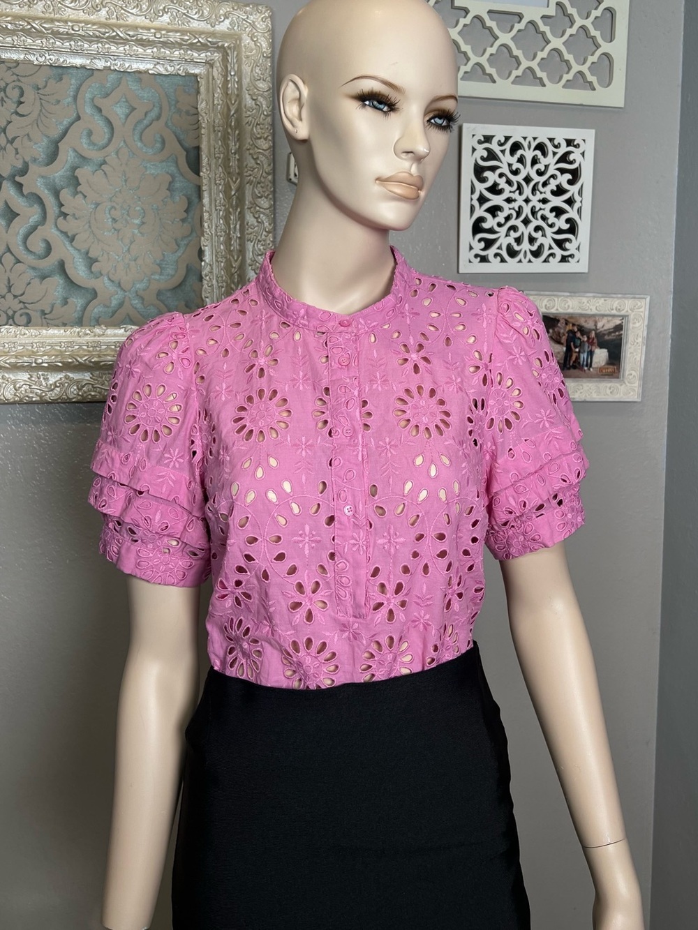 J. Crew Pink Eyelet Short puff Sleeve Blouse - Picture 3 of 13